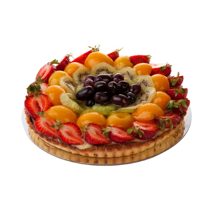 Mezzapica fruit flan made with Shortbread flan filled with vanilla custard and topped with your choice of strawberries or mixed fruit