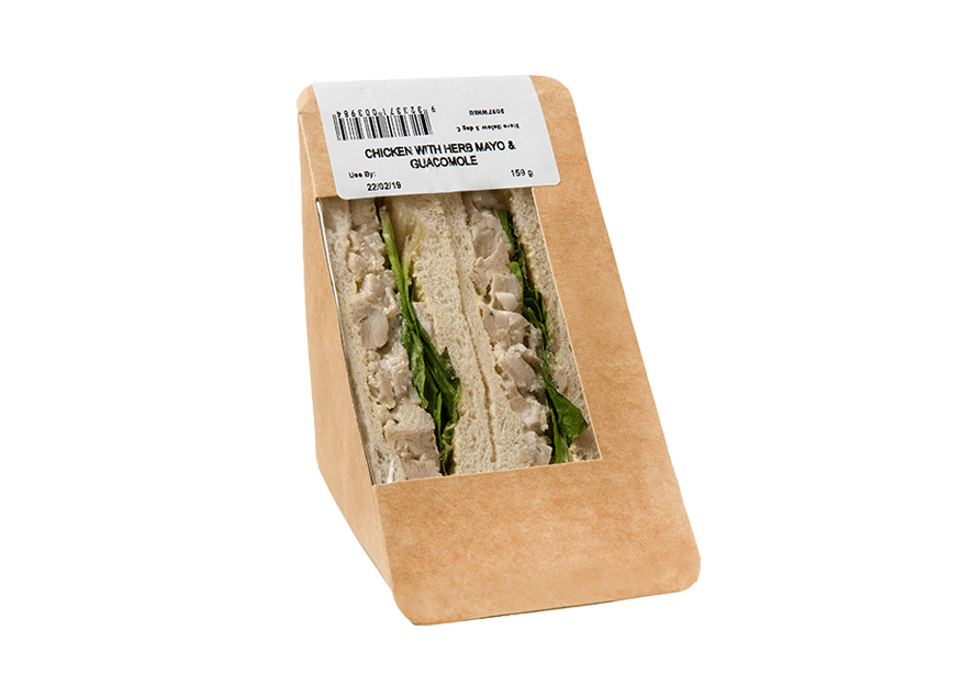 Chicken with Creamy Herb Mayo & Lettuce Sandwich cut in half and sealed in a box