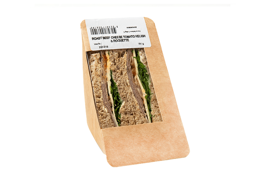 Roast Beef, Cheese, Pickle & Rocket Sandwich cut in half and sealed in box