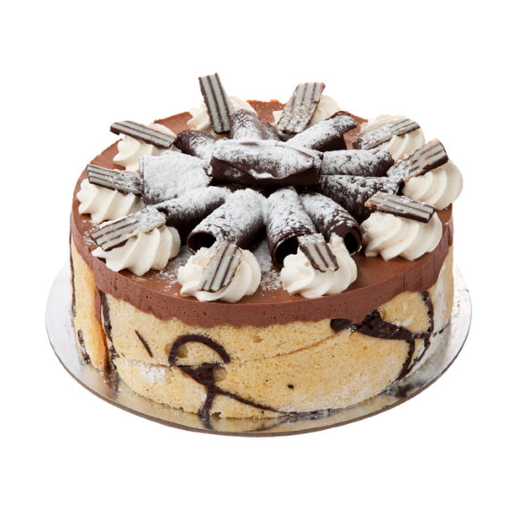 Chocolate Mousse Torte made with Layers of vanilla sponge drizzled with liqueur and filled with delicious chocolate mousse and finished with almond sponge sides