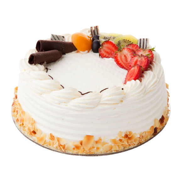 Mezzapica Grand Marnier torte made with Layers of vanilla sponge drizzled with Grand Marnier liqueur, layers of vanilla custard and finished with cream, flaked almonds on sides and a fruit decoration.