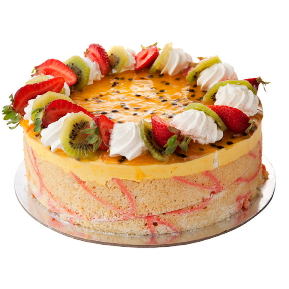 Mezzapica Mango Mousse Torte made from Delicious mango mousse sitting on a soft vanilla sponge base and topped with a fruit glaze