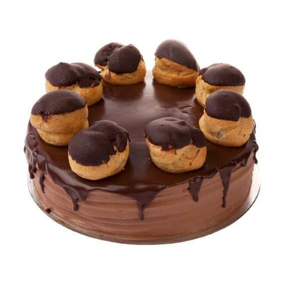 Mezzapica Triple Chocolate Cake Made from Chocolate sponge moistened with rum liqueur and layers of fresh chocolate buttercream and chocolate ganache and topped with chocolate dipped profiteroles