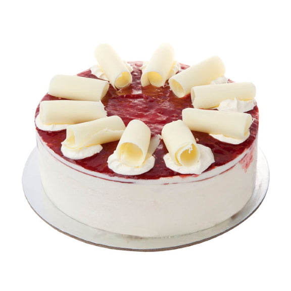 Mezzapica White Chocolate Raspberry Mousse cake made from A vanilla sponge base topped with white chocolate mousse and raspberries and finished with a raspberries coulis top