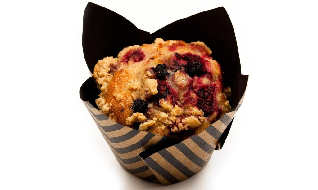 Bumbleberry Mufffin, mixed berries lie beneath a real crumble topping, baked in premium wax paper.