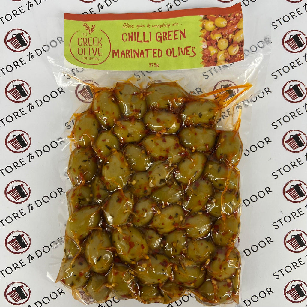 CHILLI GREEN MARINATED OLIVES 375G - STORE TO DOOR
