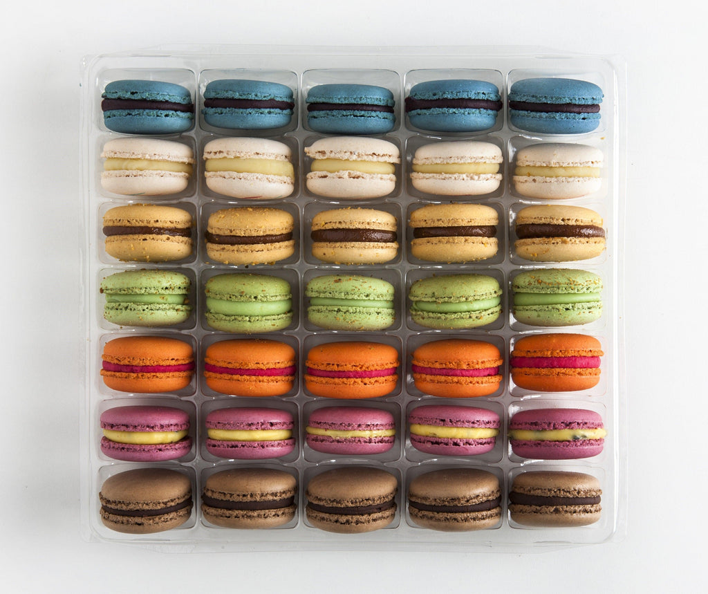 35 Macarons with flavours including Blueberry, French Vanilla, Salted Caramel, Pistachio, Blood Orange, Beetroot Passionfruit and Dark Chocolate Ganache