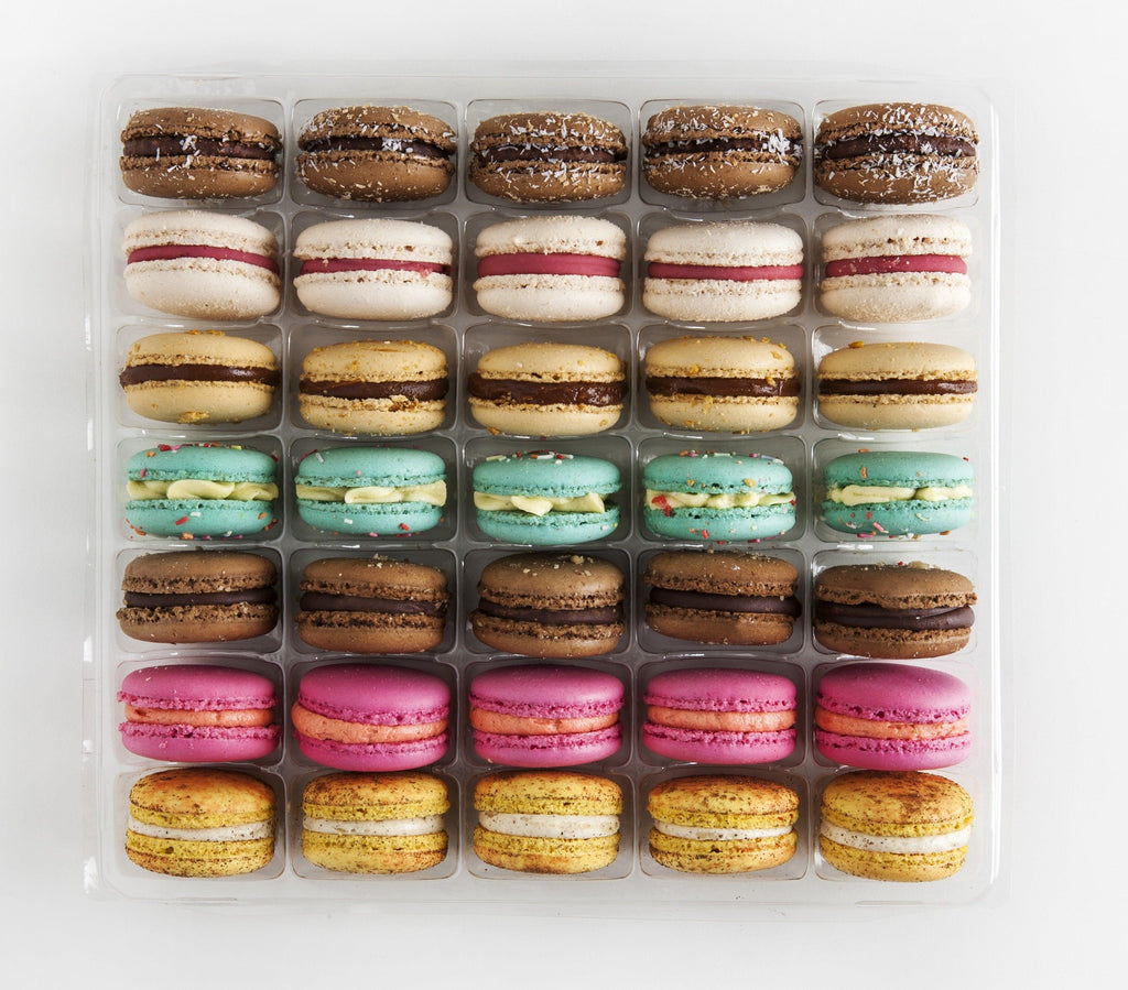35 pack of Macarons with flavours including Salted Caramel, Raspberry Almond Friand, Salted Caramel, Blueberry Cupcake, Strawberry, Choc Brownie, Mango and Oreo.