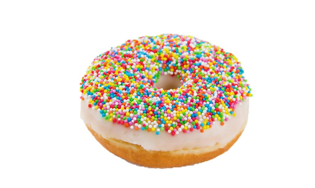 Fairy Bread Donut Soft and fluffy inside with a thin crust of chocolate flavoured icing on top.