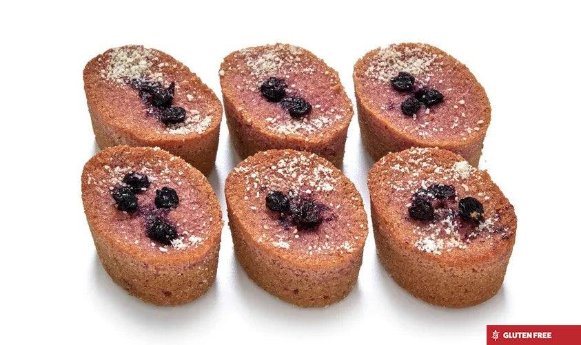 Blueberry Friands in a box of 6 individual size servings with fresh blueberries inside and on top