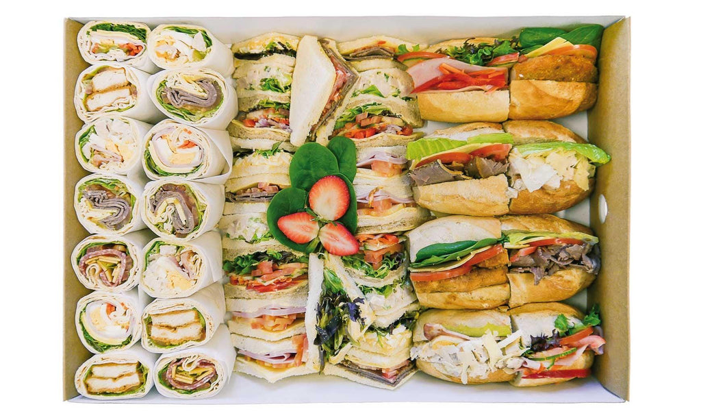 Large Gourmet Sandwich Catering Pack for 10, nicely present in box with clear lid