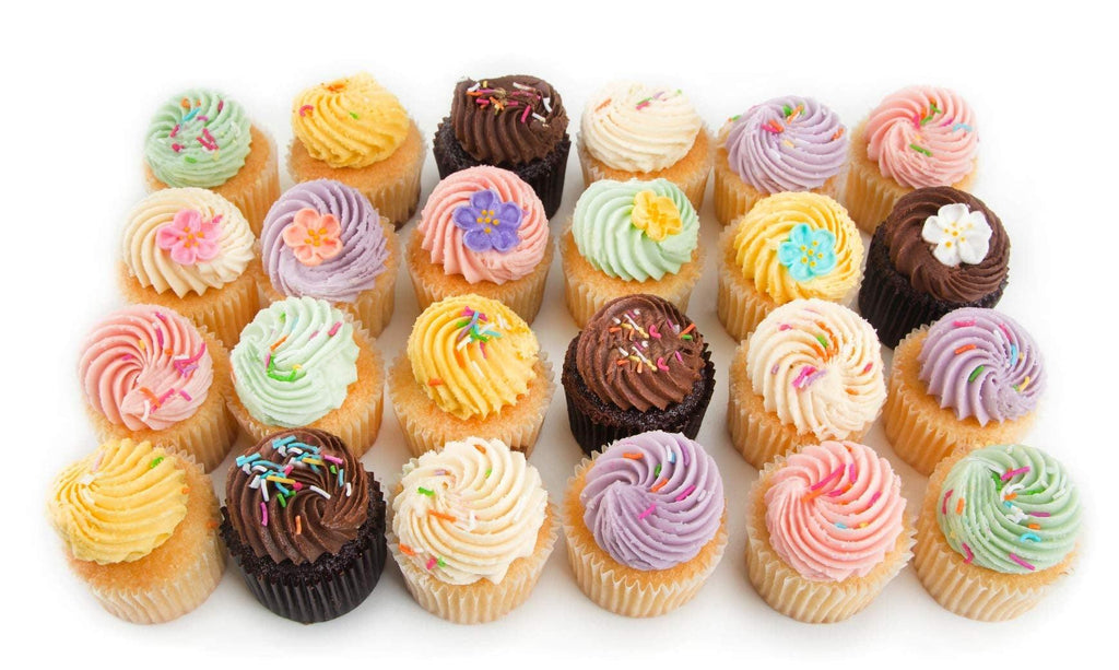 Mini Gluten Free Pastel Cupcakes in Box of 24. Colourful and sprinkles with coloured icing.