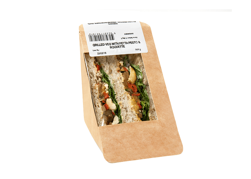 Grilled Vegetable, Fetta, Pesto & Rocket Sandwich cut in half and sealed in box