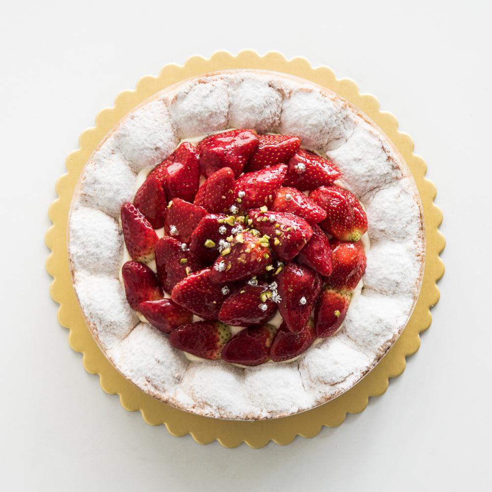 Pasticceria Papa’s Chantilly alla Fragola Cake is made with an almond based sponge, chantilly cream, fresh strawberries and pistachio sprinkle.