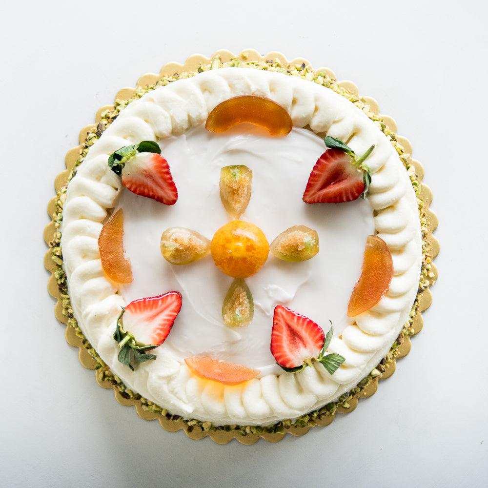 Pasticceria Papa’s Cassata Siciliana is made with vanilla sponge moistened with Strega liqueur, ricotta, candied fruits and chocolate chip filling. Finished with ricotta, icing, fresh fruit and chocolate decorations.
